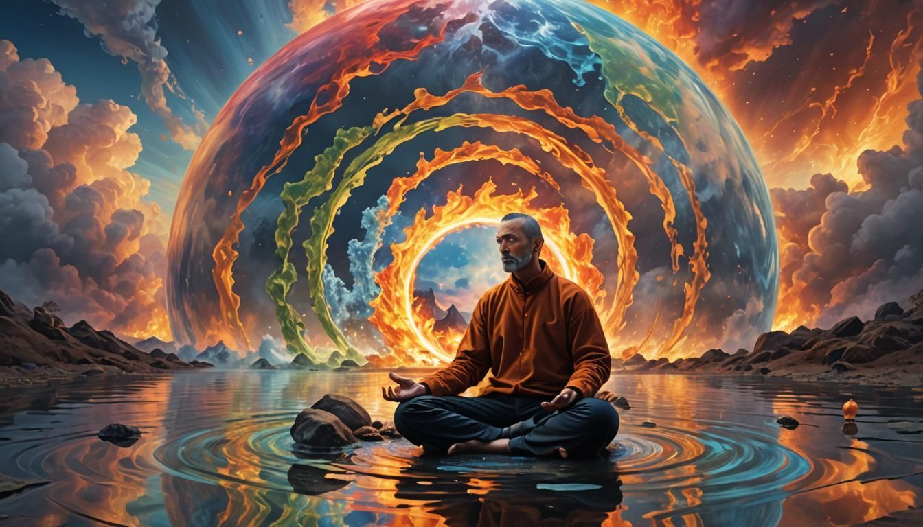 a man sitting in a lotus position in front of a fire and water sphere, climate change, varied colors, four seasons, insi...