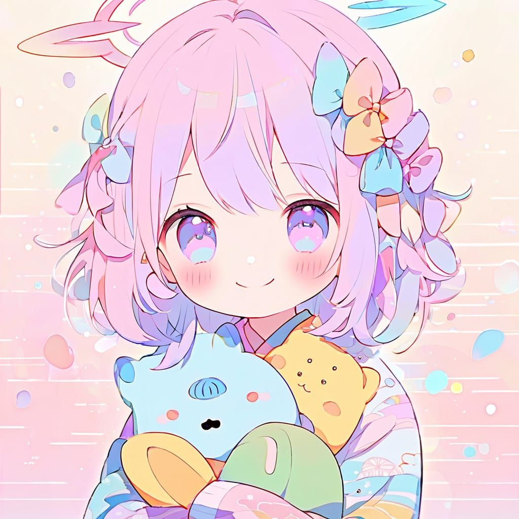 Chibi Anime Girl with Adorable Stuffed Animal Companion