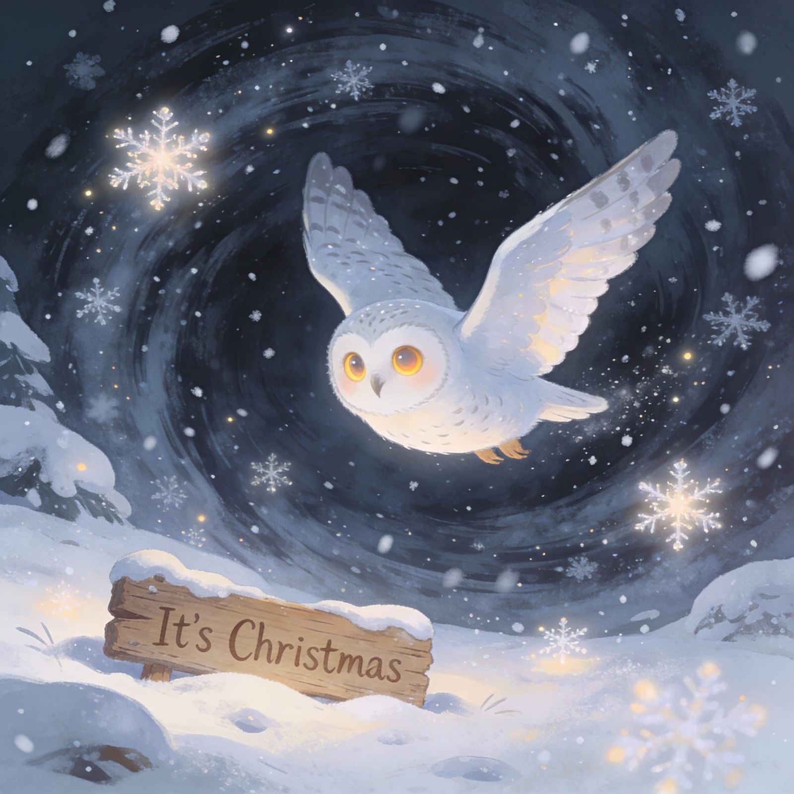 Cute Snowy Owl Flying in Magical Christmas Snowstorm