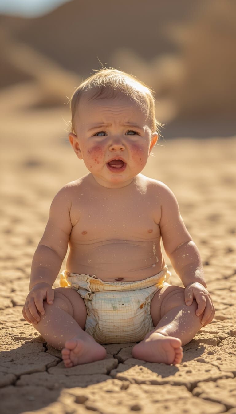 Vulnerable Newborn Crying on Cracked Earth