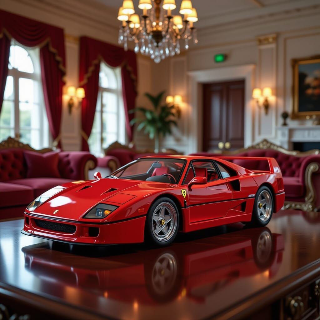 Detailed Ferrari F40 Model in Opulent Living Room
