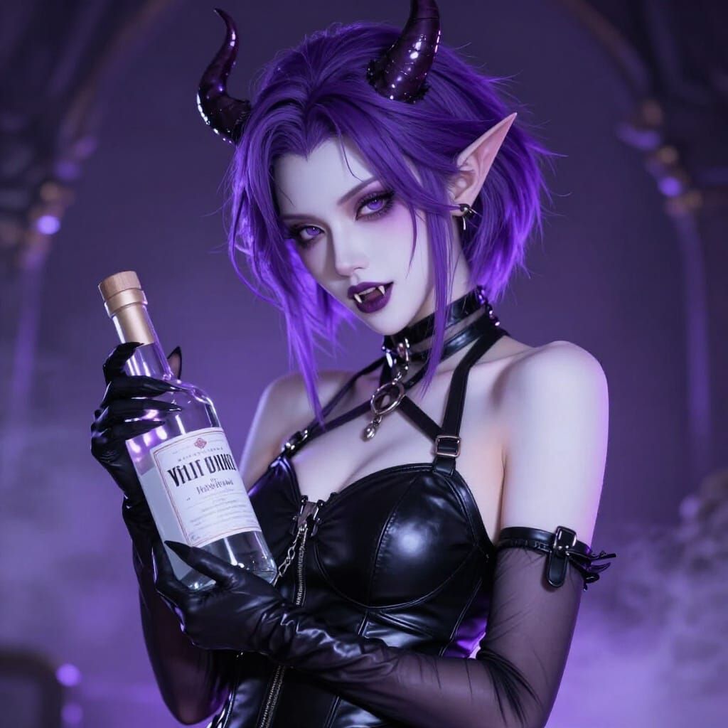 Ethereal Female Demon in Leather with Vodka Bottle