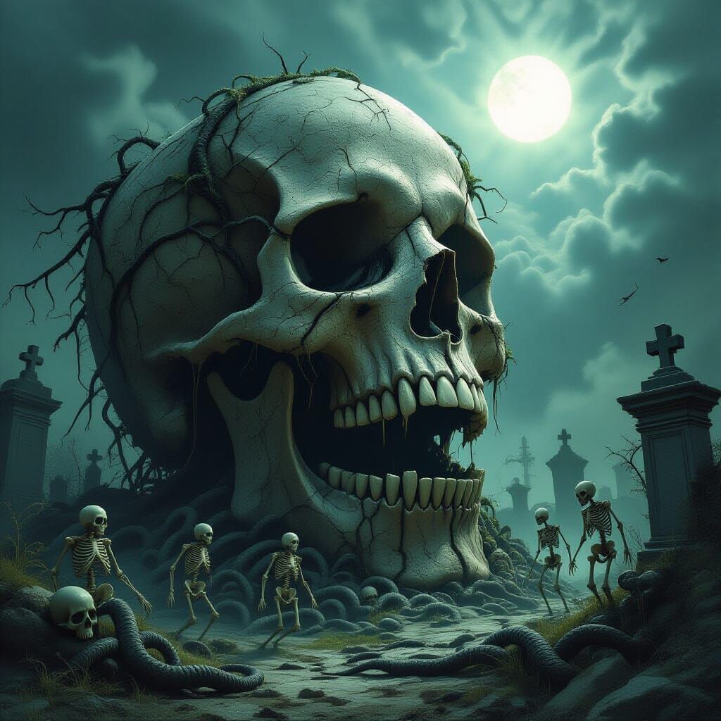 Terrifying Skull Creature in Graveyard, Eerie Matte Painting