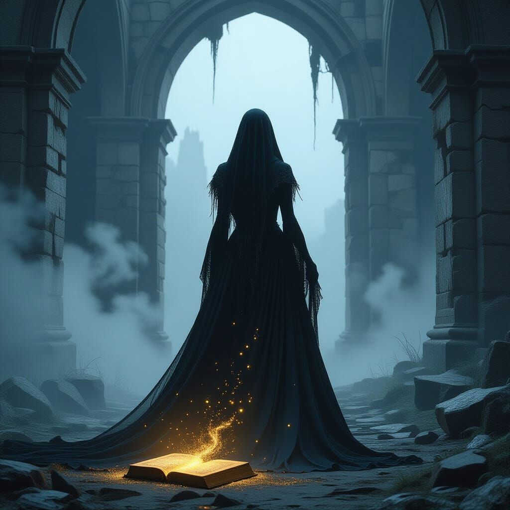 Enigmatic Sorceress in Ruined Archway with Magic Book