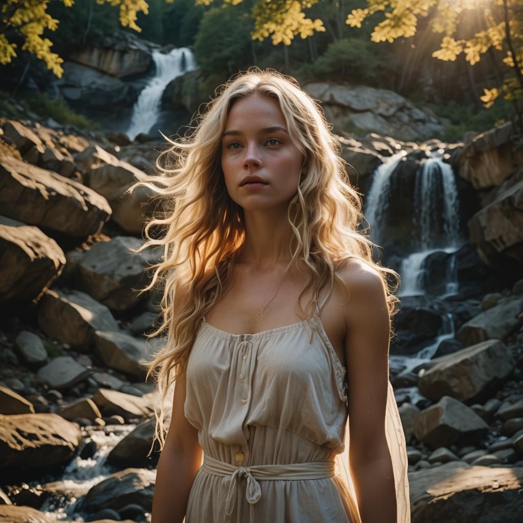 Nude Blonde Beauty Under Waterfall in Sunlight