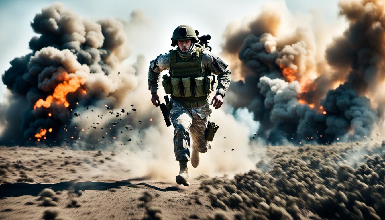Soldier Runs Through Battlefield in Explosions