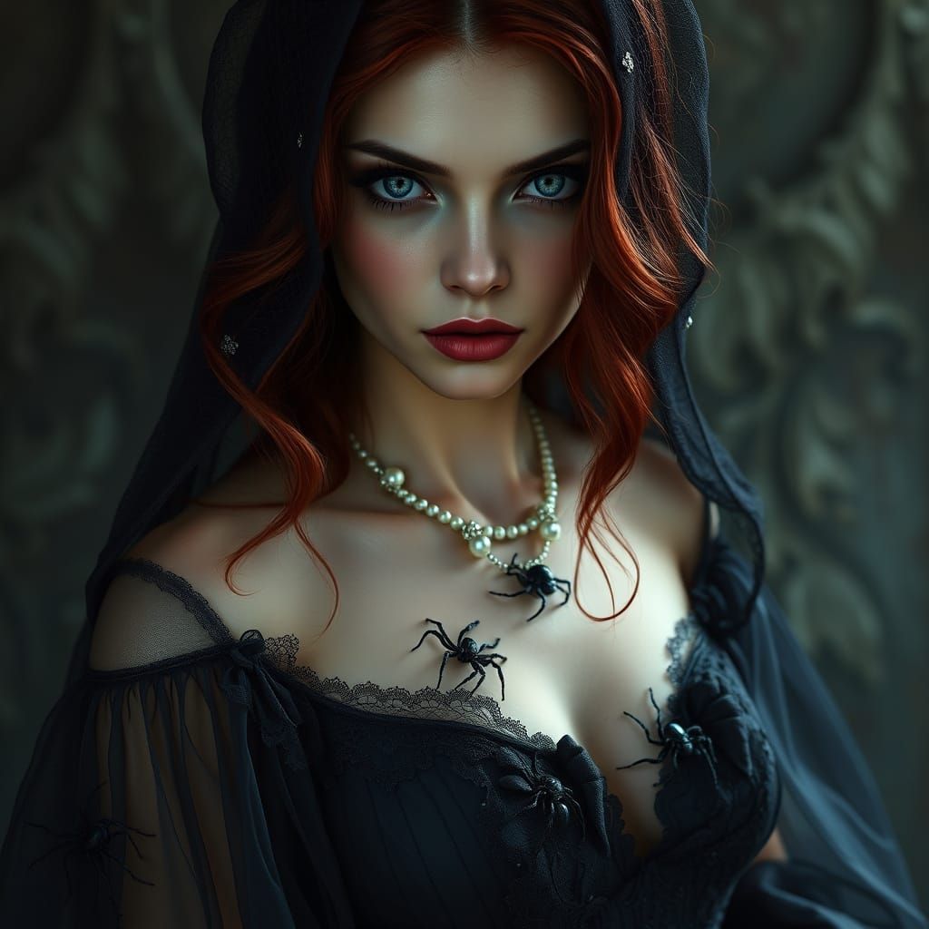 Mysterious Dark Romanticism Goddess in Wine-Red Hair and Mid...