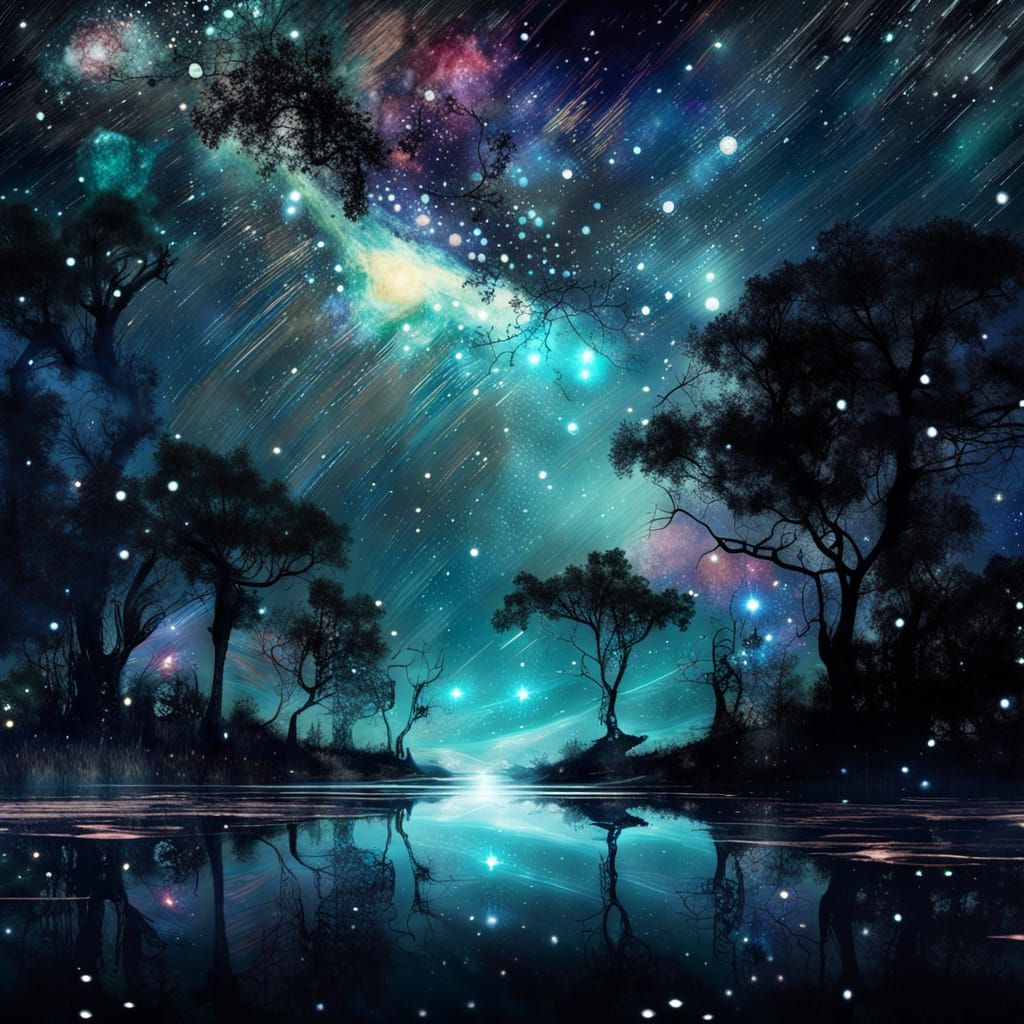 Luminous Starscape Reflecting on Water: Digital Art