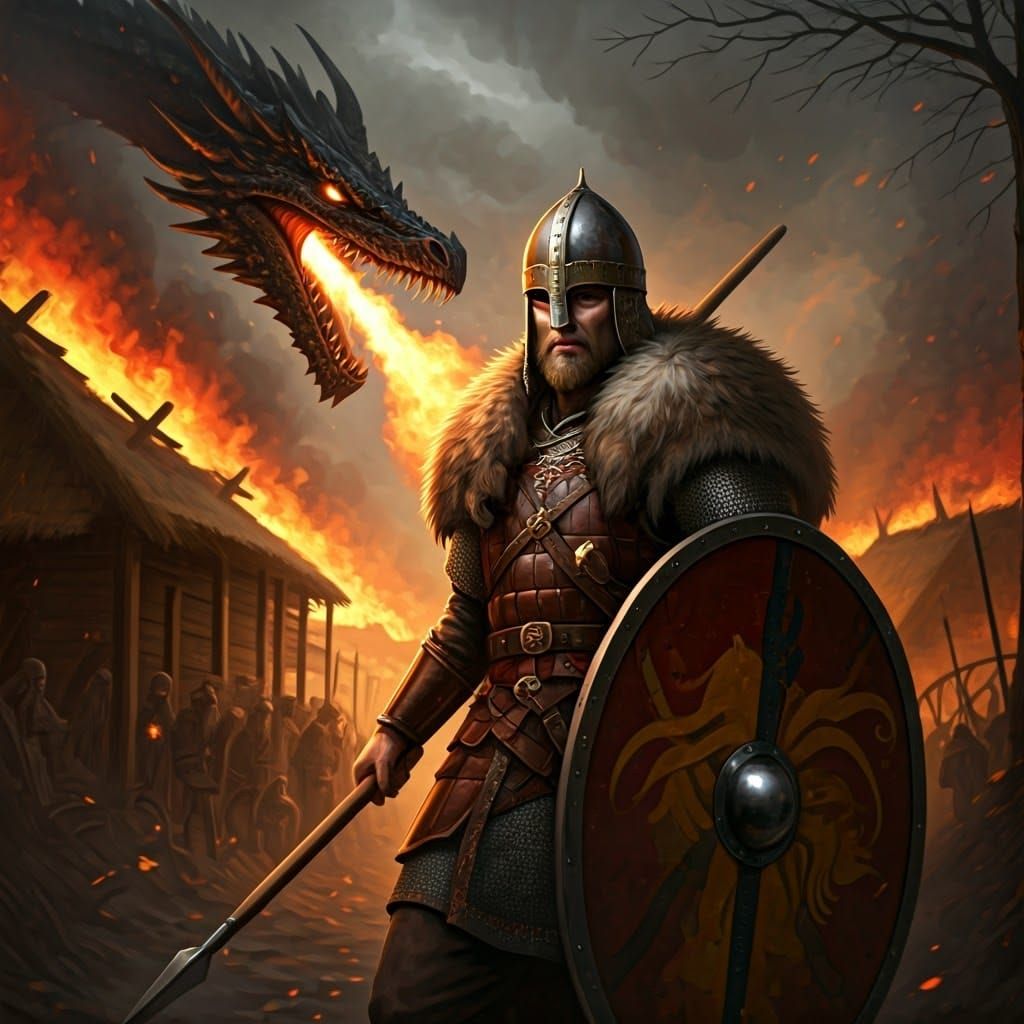 Anglo Saxon Warrior Faces Fierce Dragon in Burning Village