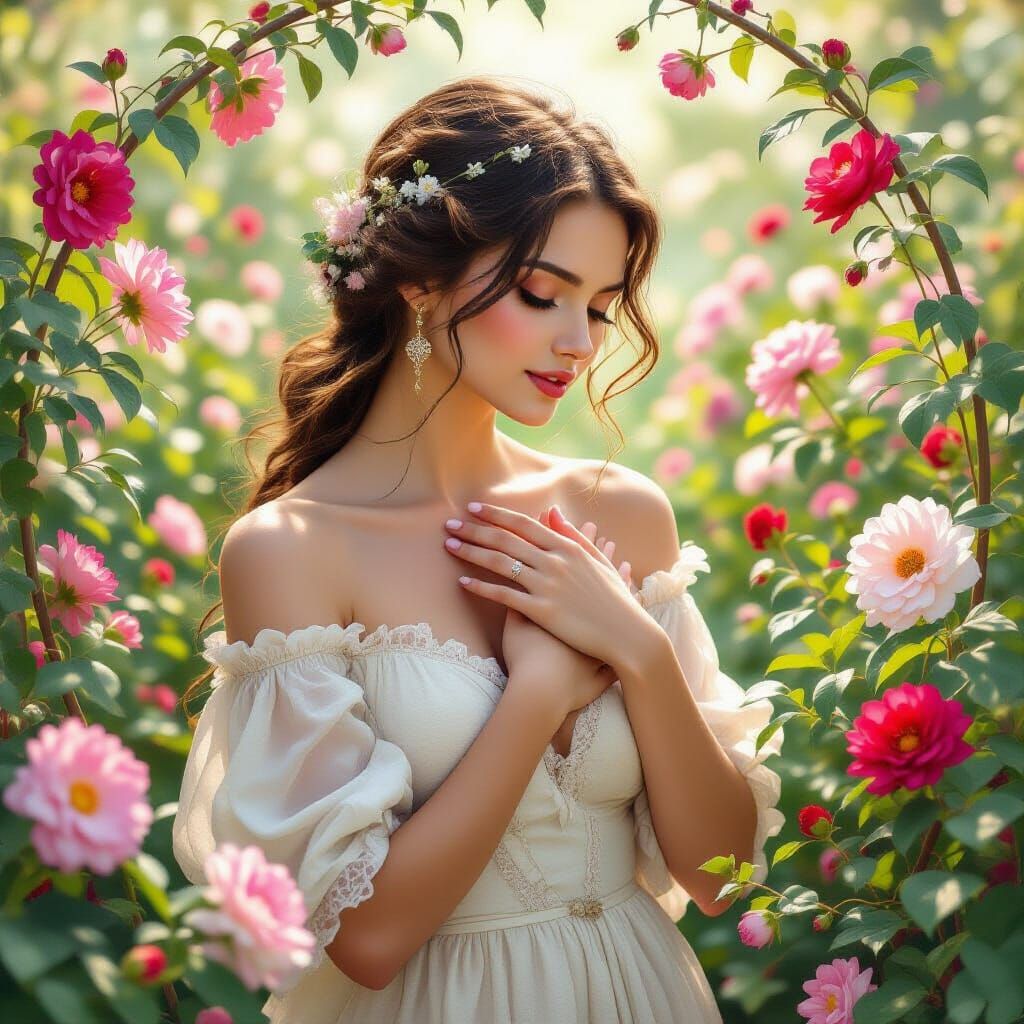 Woman in Whimsical Garden with Ethereal Glow