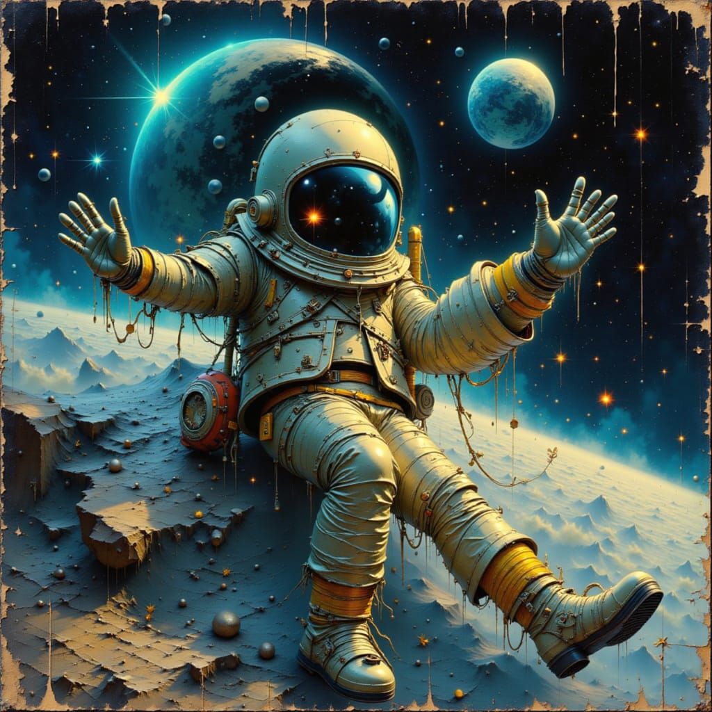 Astronaut in Metallic Spacesuit Oil Painting