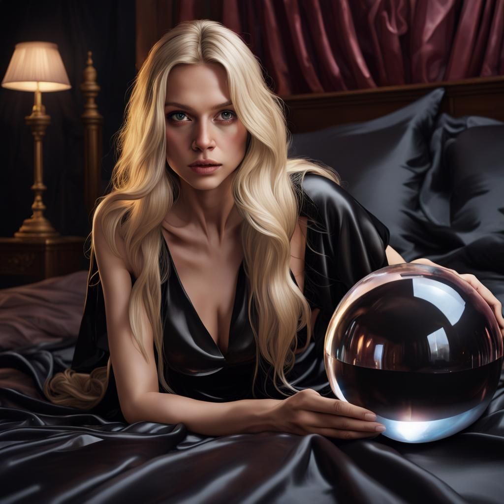 Woman in Satin Gown Gazing into Crystal Ball