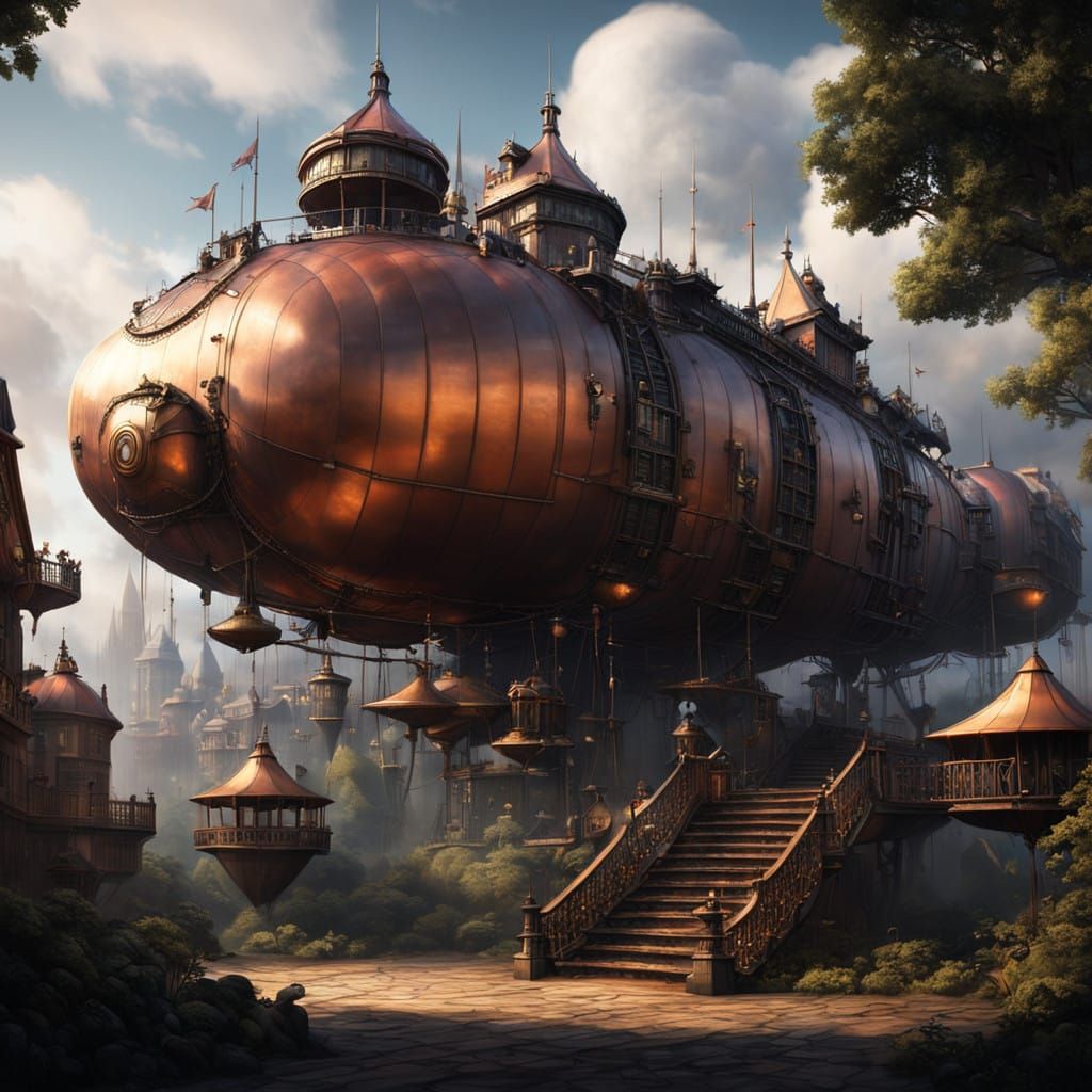 Steampunk Metropolis with Majestic Airships and Wizards