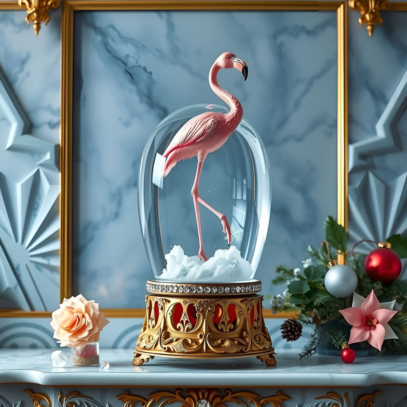 Luxurious Snow Globe Featuring a Jeweled Flamingo in Art Dec...