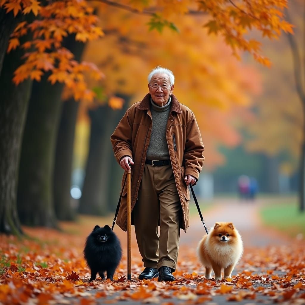 Elderly Man Walking Pomeranians in Autumn Park