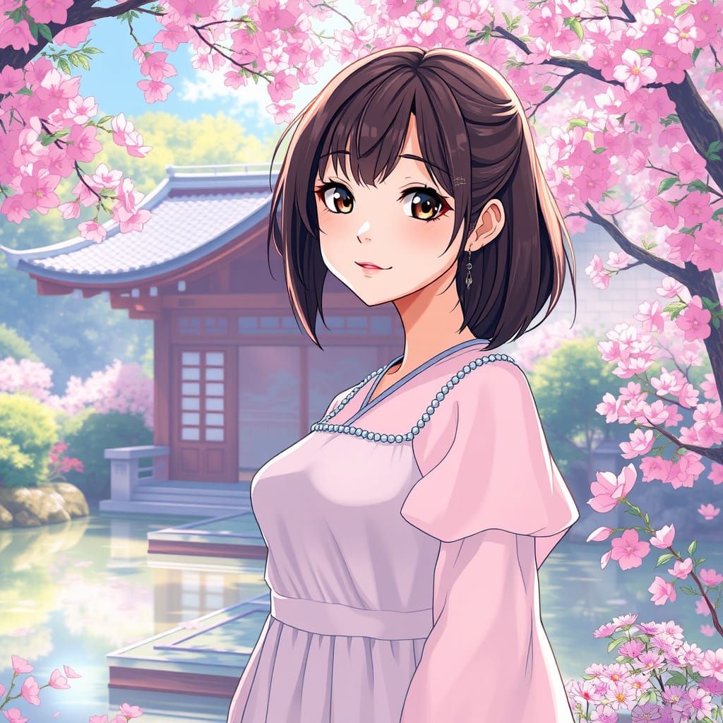 Anime Girl in Japanese Garden Illustration