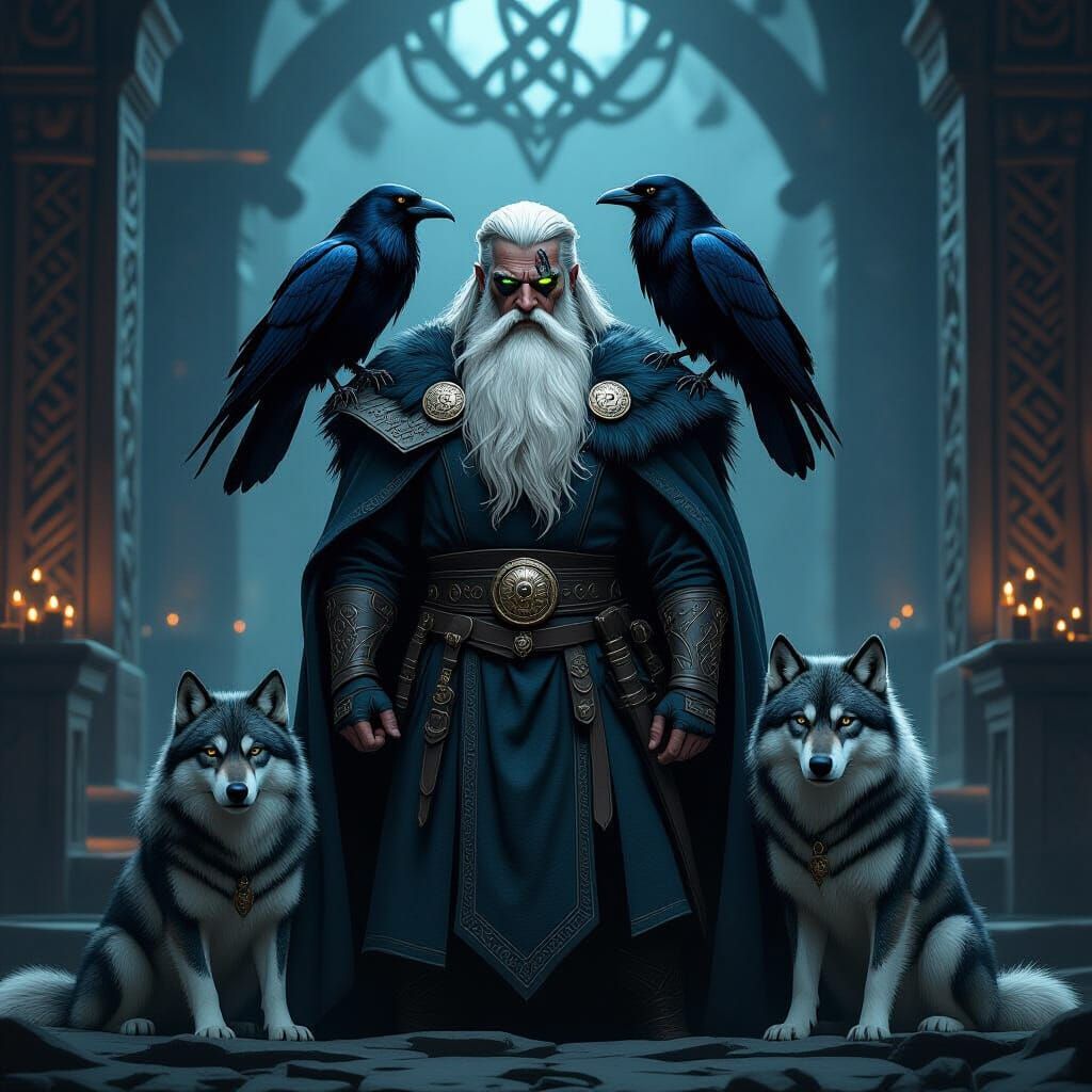 Odin with Ravens and Wolves in Dramatic Norse Hall