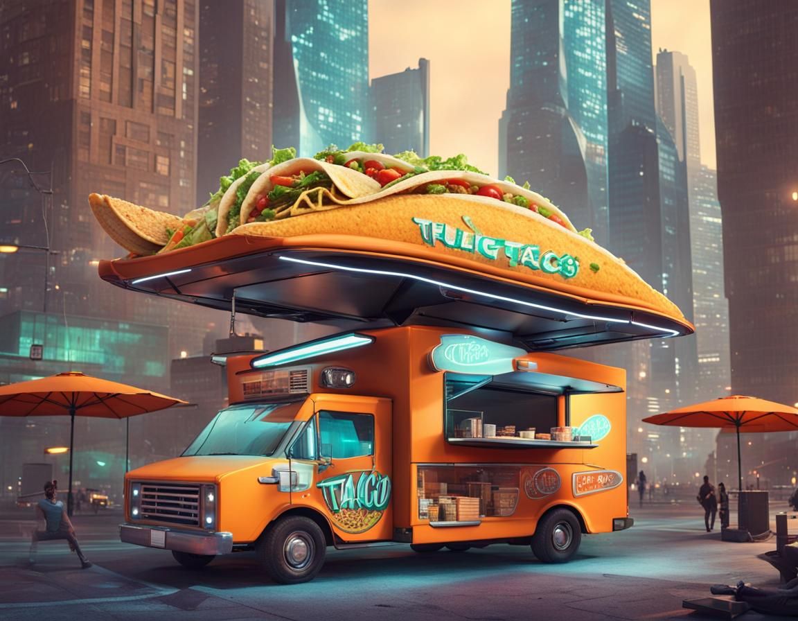 Flying Taco Truck in Futuristic Cityscape