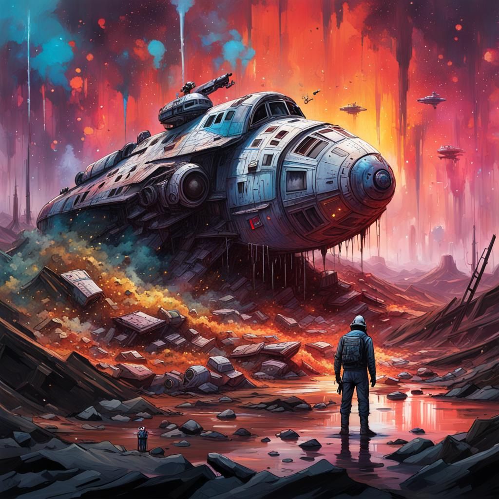 Marooned Pilot Amidst Wreckage: Graffiti Art Style