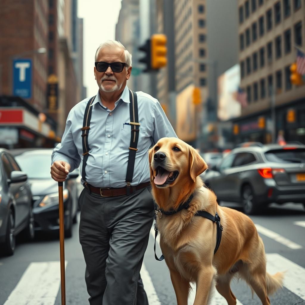 Blind Man and Guide Dog in New York: Cinematic Still