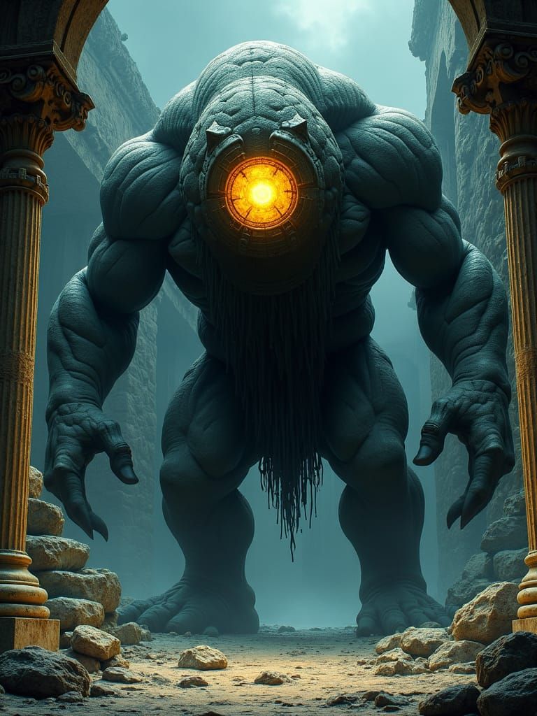 Fearsome Cyclops in Ancient Ruins, Gothic Art