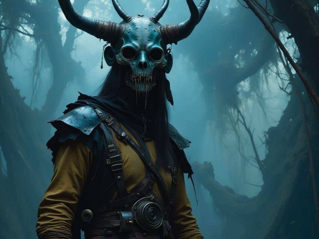 Warrior in Noctilucent Dieselpunk Landscape