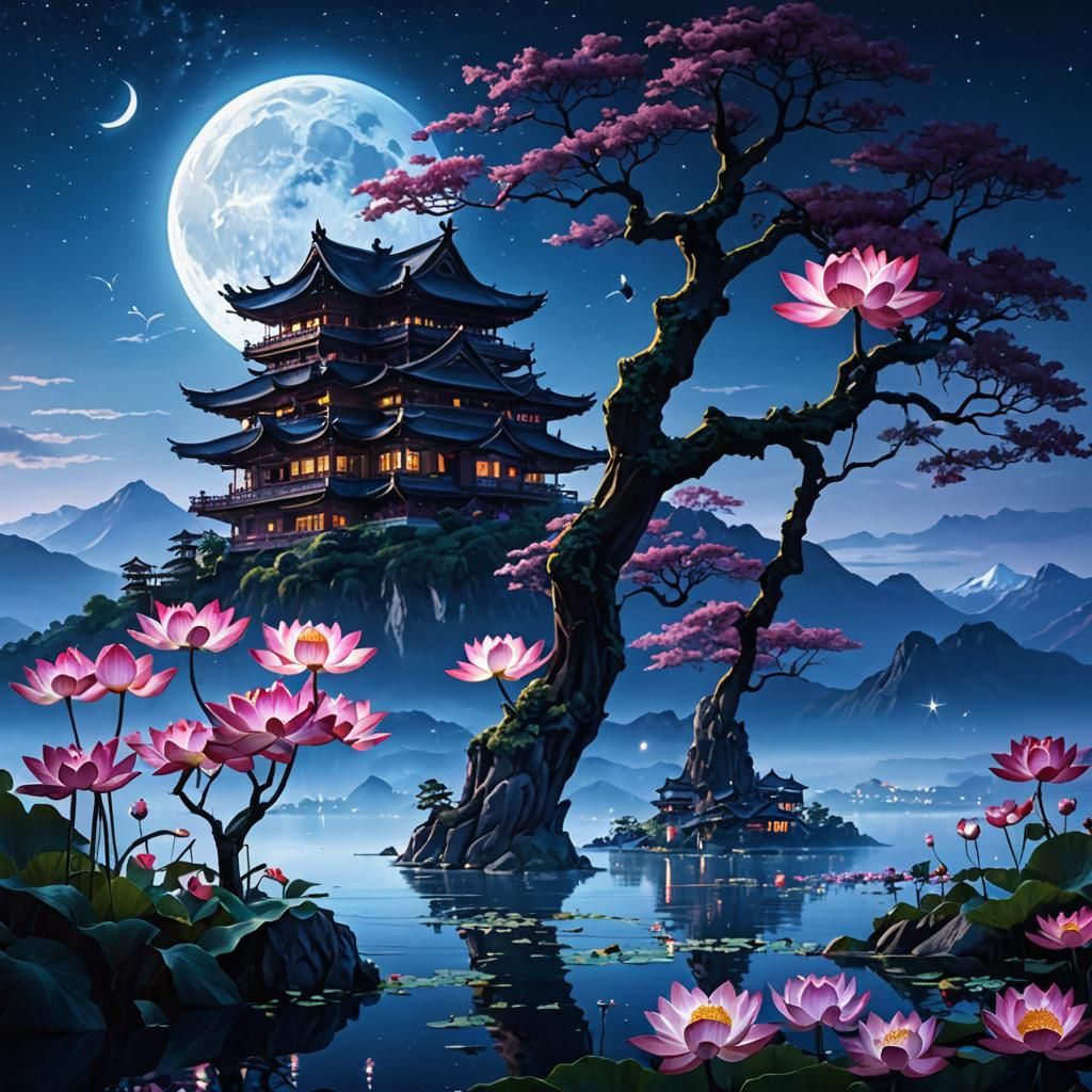 Luminous Night Lake: Matte Painting in Deep Color