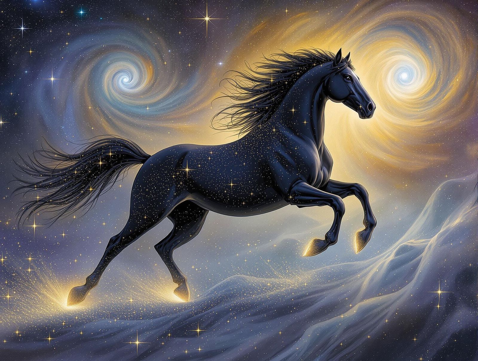 Friesian Horse Galloping Through Surreal Cosmic Landscape