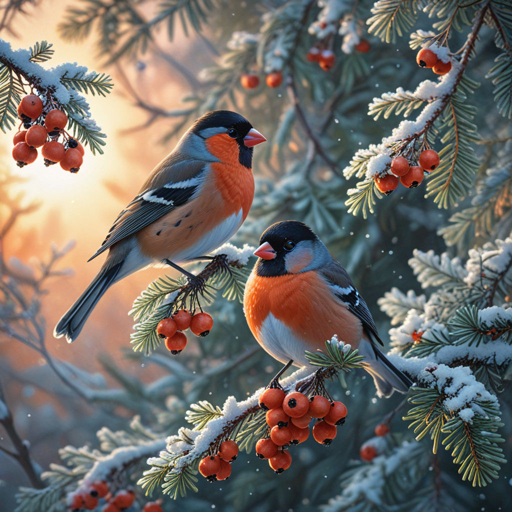 Whimsical Bullfinches Perched in Snowy Fantasy Forest
