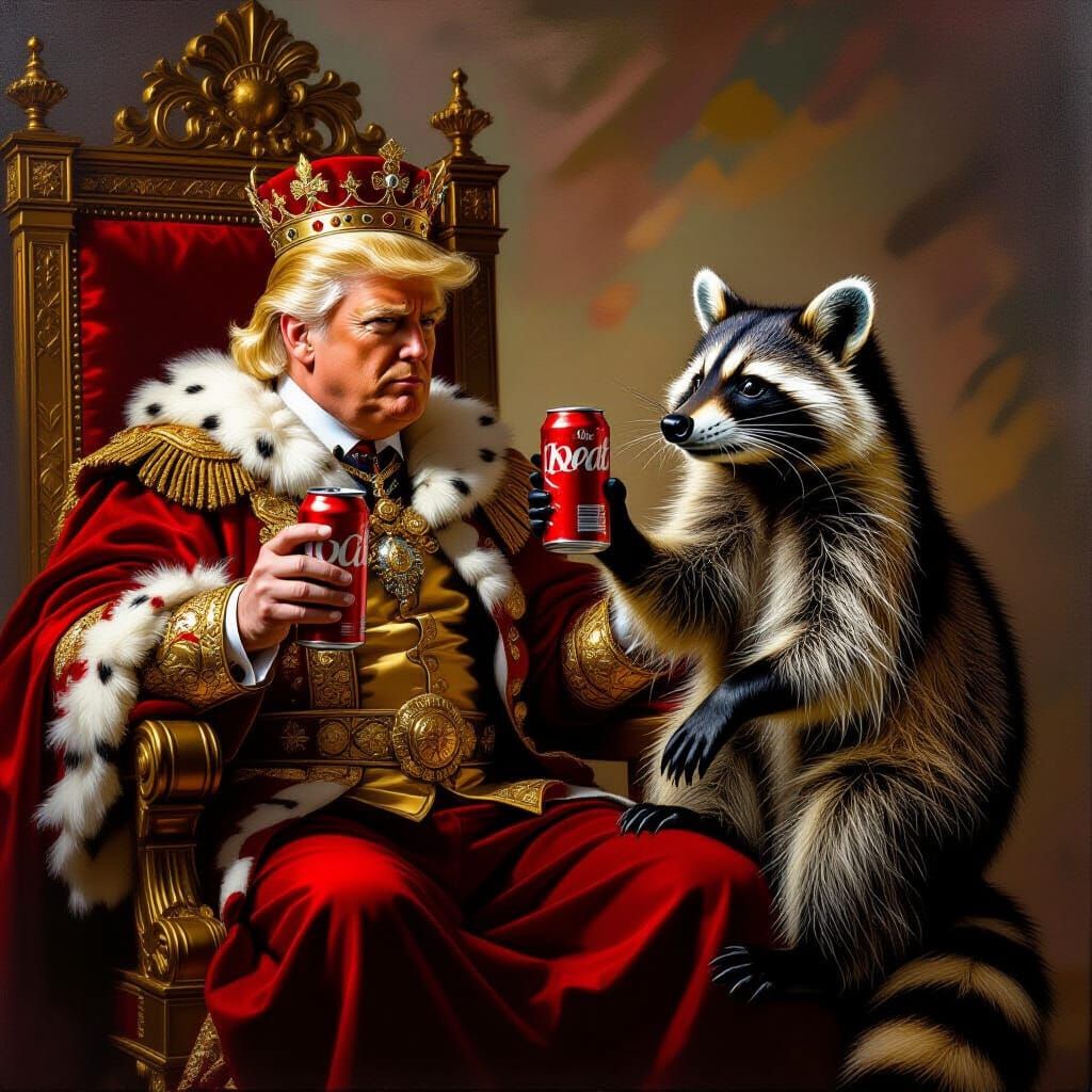 Donald Trump as Emperor Toasting Raccoon with Diet Coke