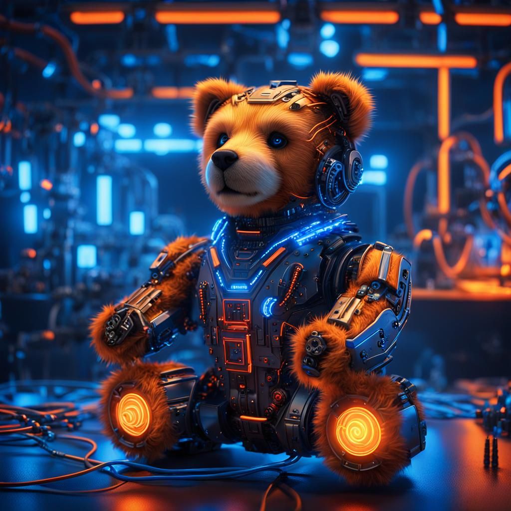 Futuristic Bionic Teddy Bear in Sci-Fi Lab