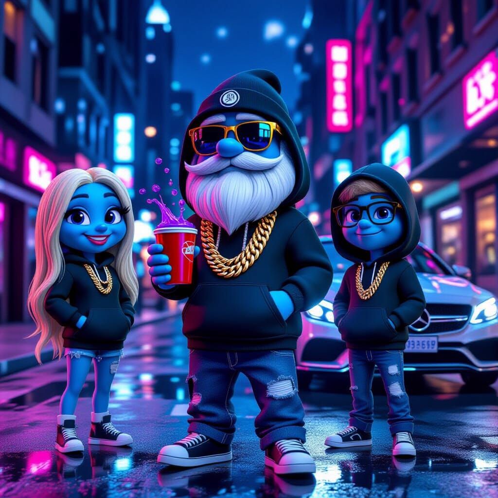 Urban Smurf Characters on Neon Street