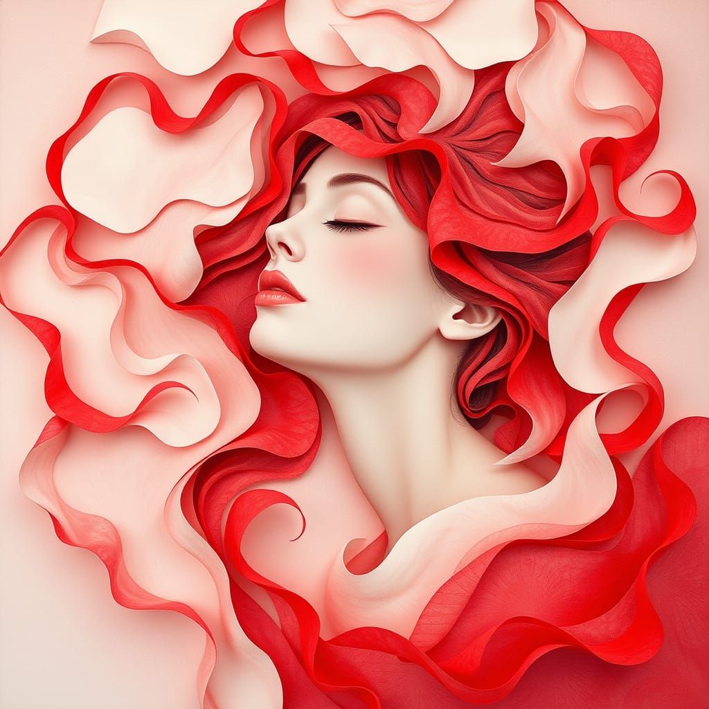 Surreal Woman Surrounded by Delicate Paper Clouds in Mixed M...