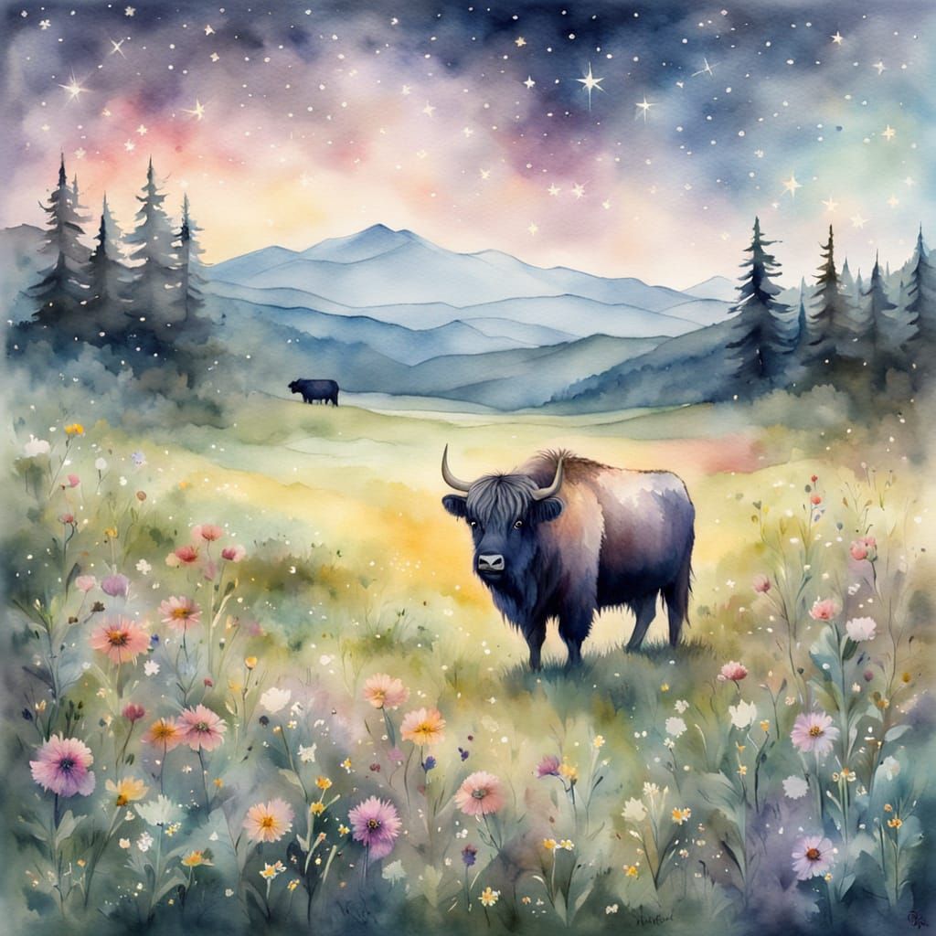 Watercolor Meadow Scene with Yak and Stars
