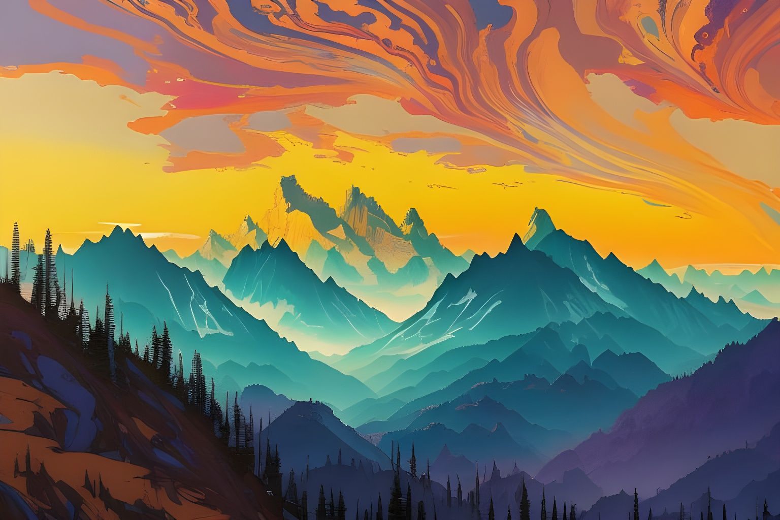 Scenic Mountain View in Gouache Illustration Style