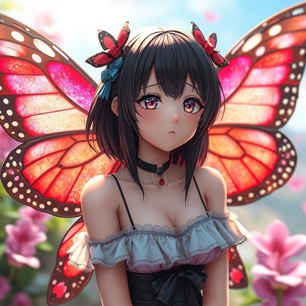 Confused Anime Girl with Butterfly Wings in 3D