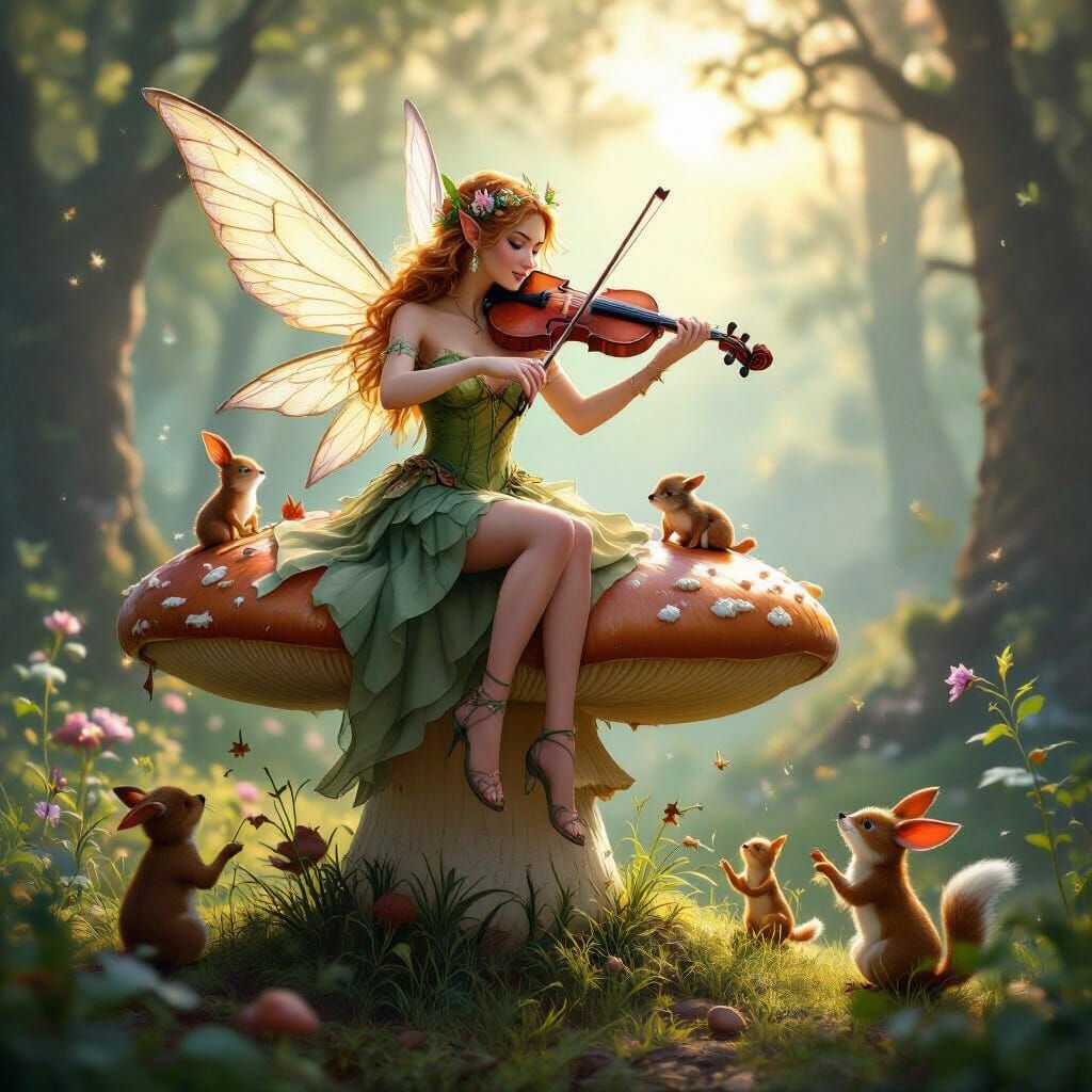 Faerie Musician on Mushroom with Dancing Woodland Creatures