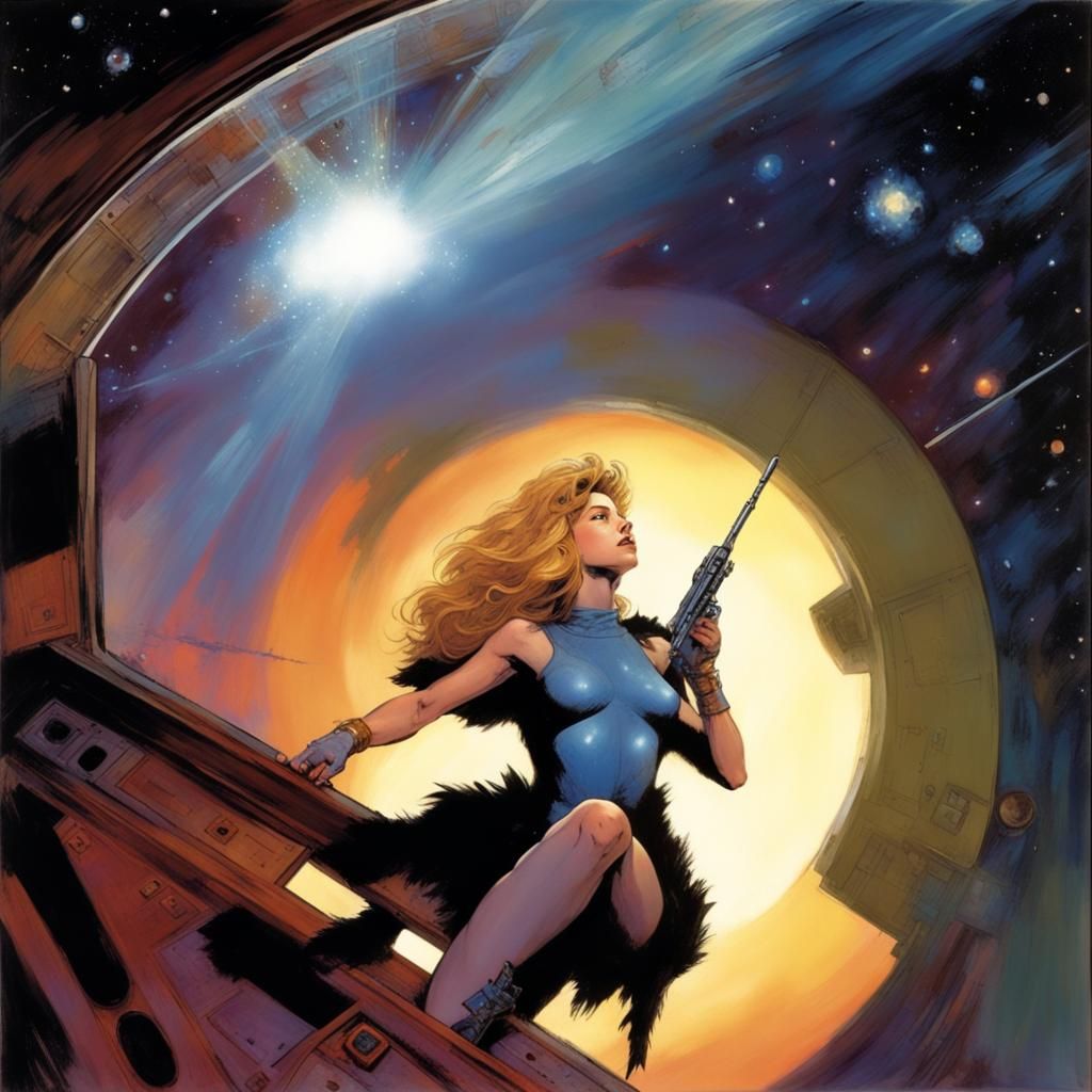 Barbarella Observes Galaxy Through Spaceship Window