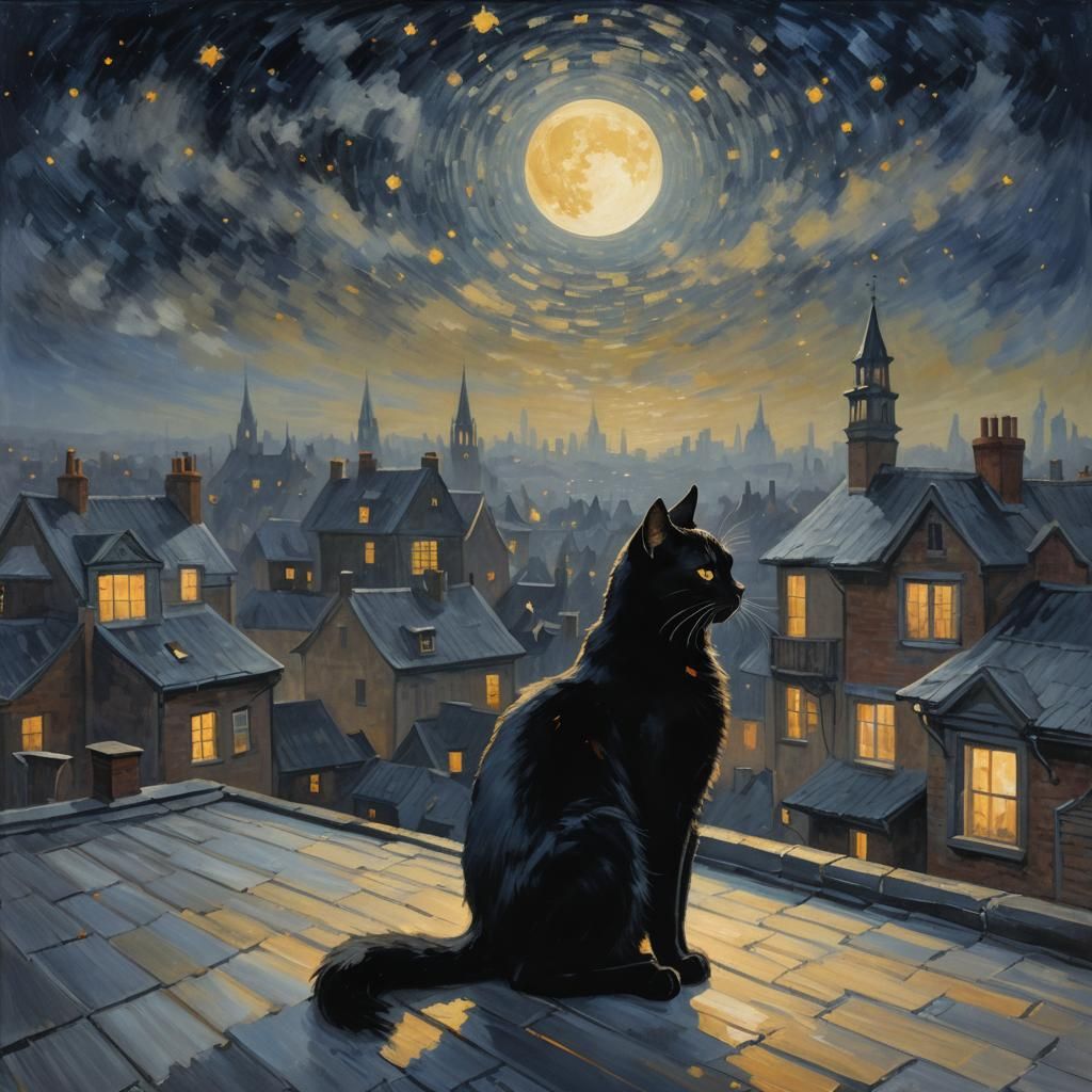 Black Cat on Starry Roof in Impressionistic Style
