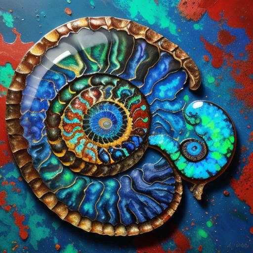 Opalized Ammonite Fossil Digital Art with Vibrant Colors