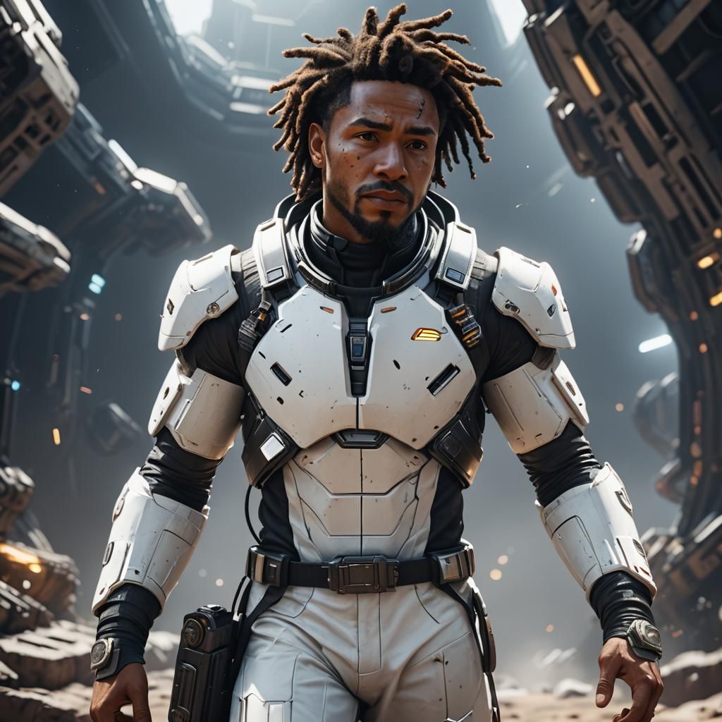 Black Space Ranger with Locks in 3D Game Art Style