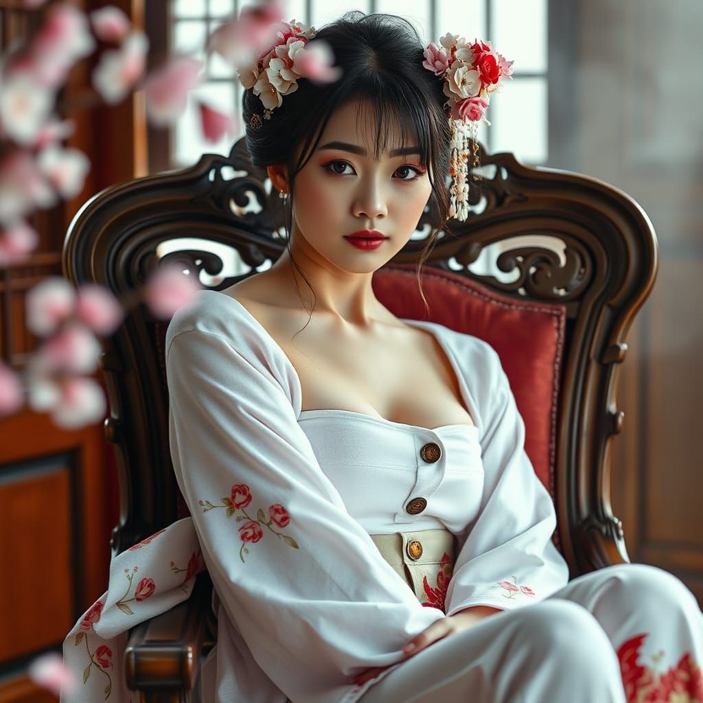 Geisha in Embroidered Jeans with Cherry Blossoms