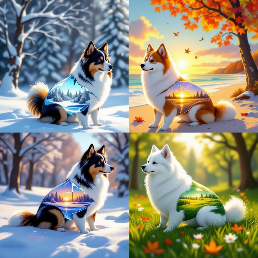 Seasonal Glass Dogs: Surreal Landscapes Reflected