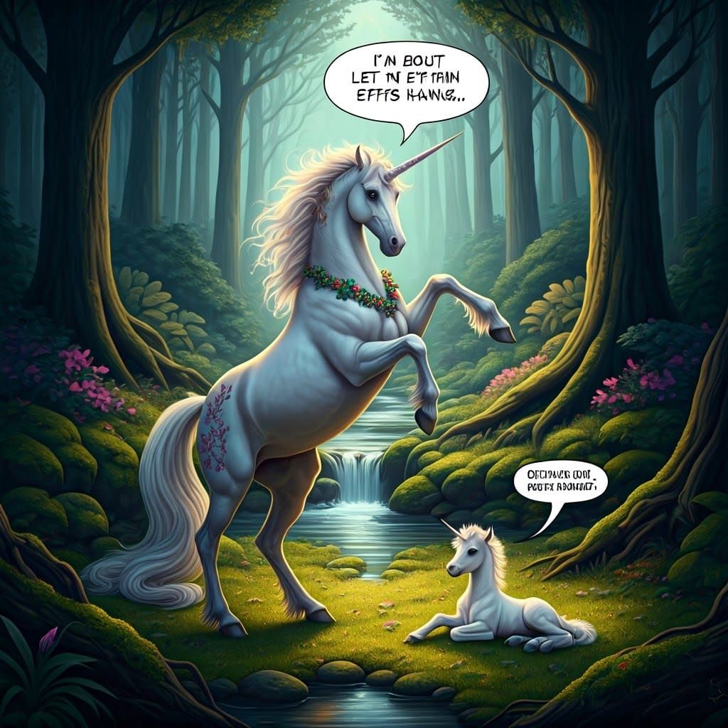 Majestic Unicorn in Forest with Funny Speech Bubble