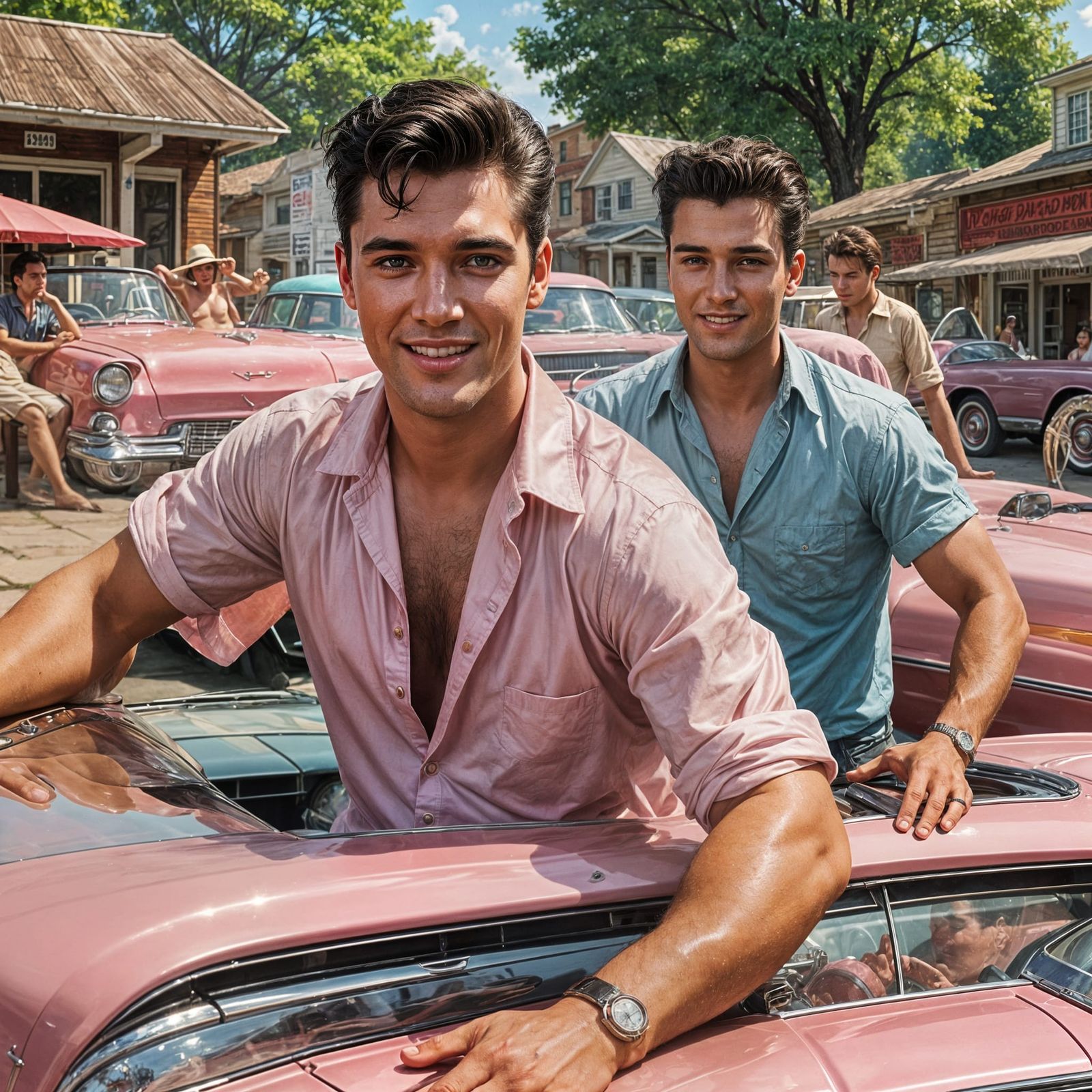 1950s Memphis: Man Washes Cadillac, Golden Age Art