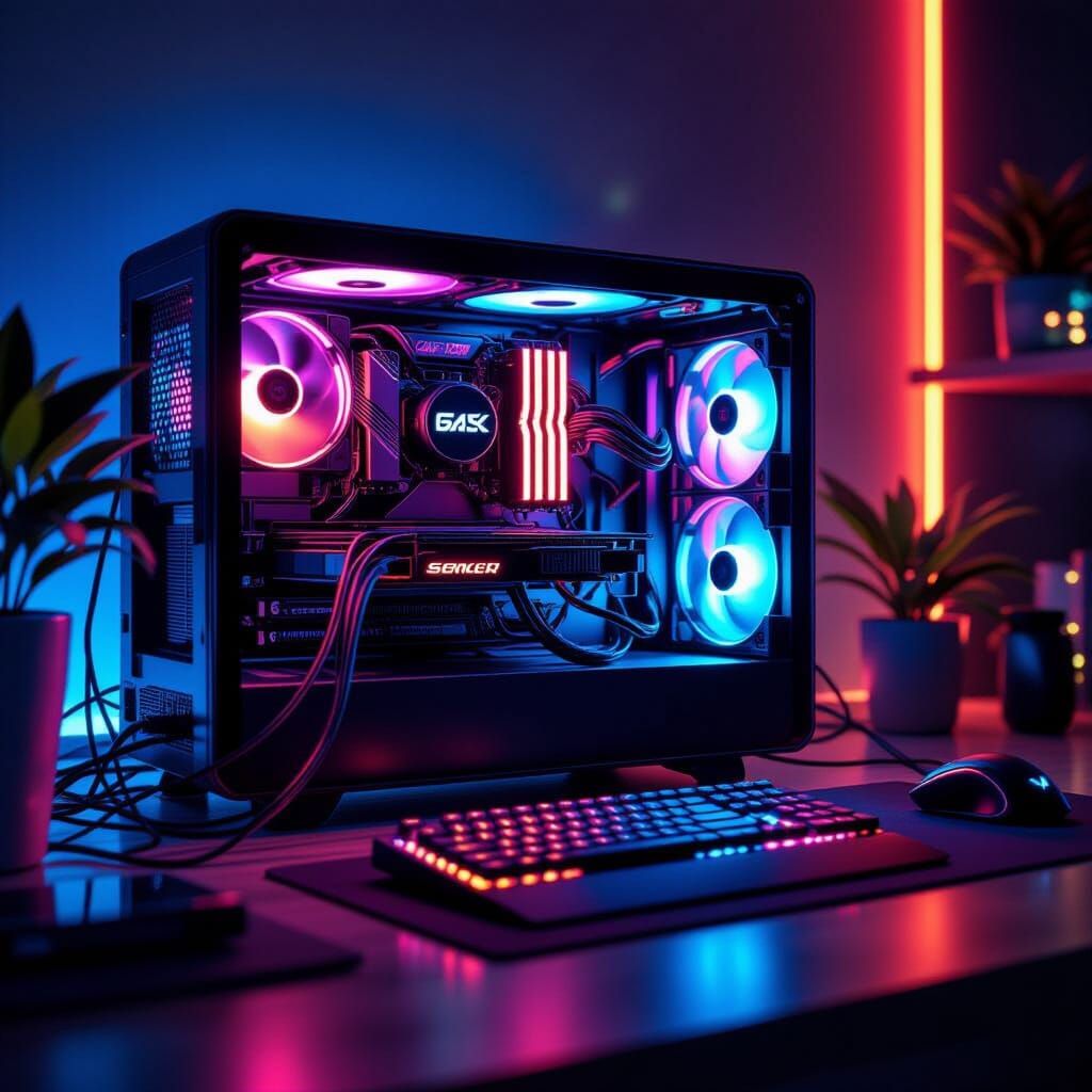 Sleek Gaming Computer with Neon Accents, Photorealistic Rend...