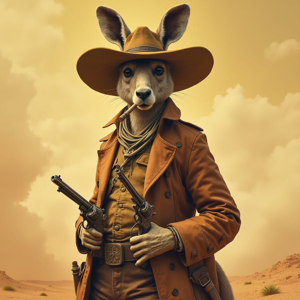 Rugged Outlaw Kangaroo in a Sun-Scorched Western Landscape