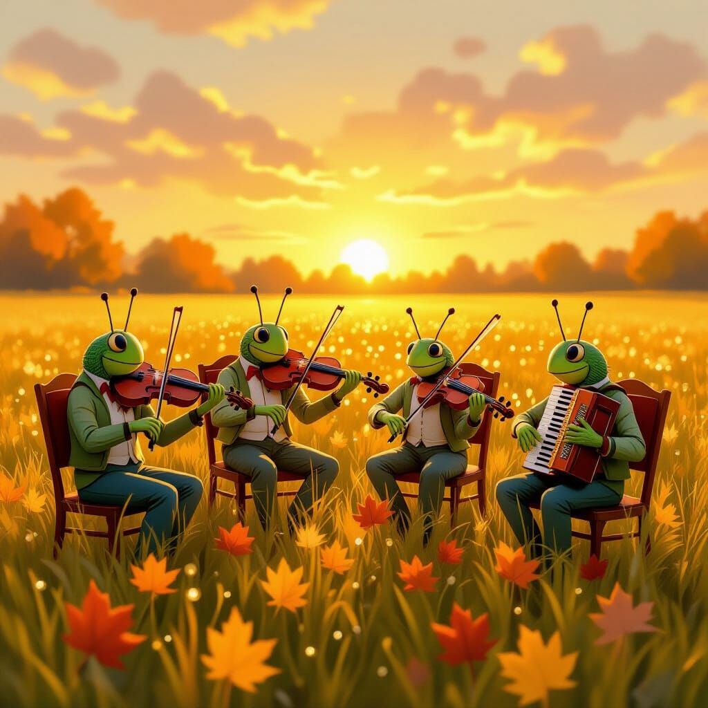 Crickets Play Music to Autumn Sunrise in Storybook Style