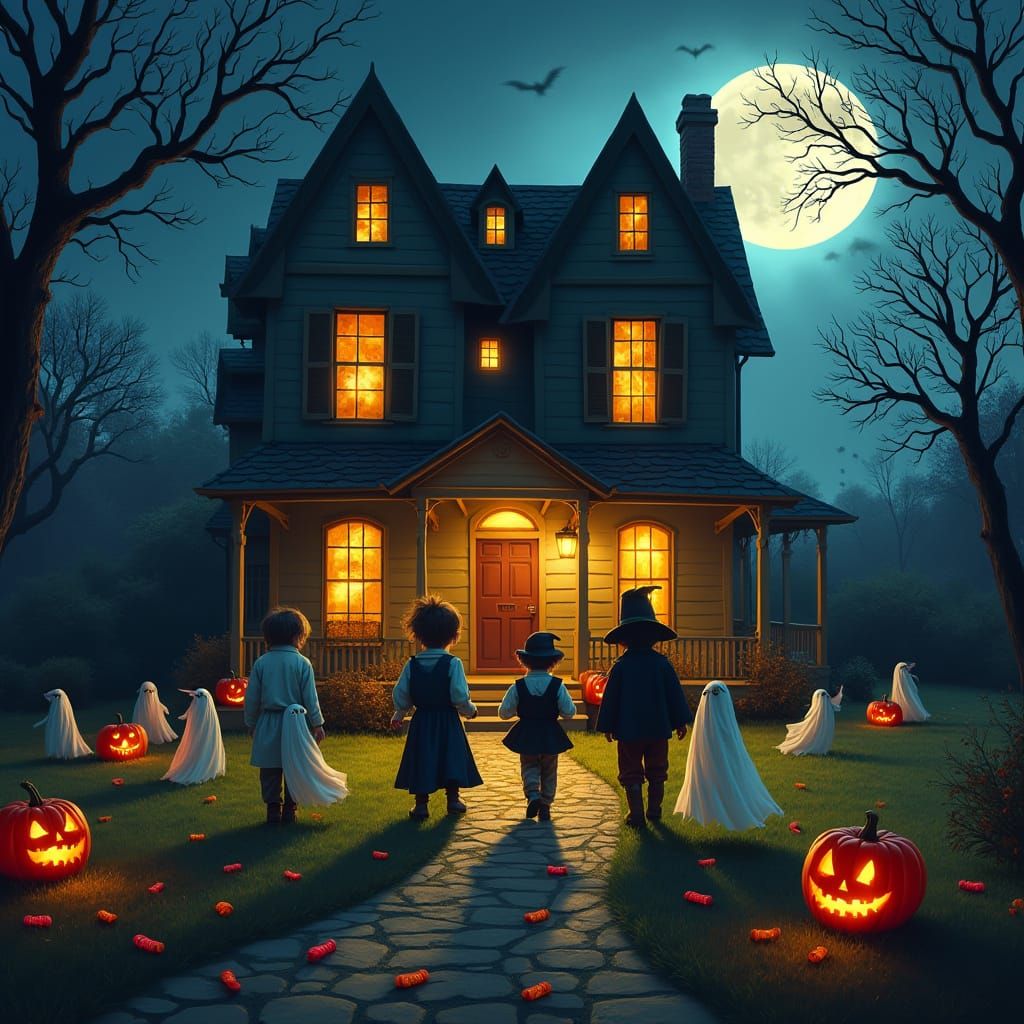 Spooky Halloween Night with Haunted Houses and Eerie Costume...