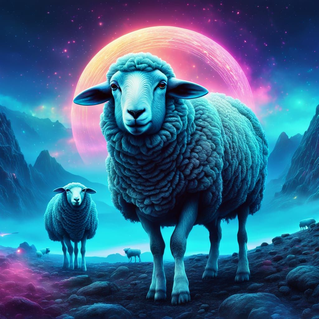 Alien Landscape with Vibrant Sheep in Digital Art